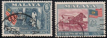 1957 stamp issue 6c - rubber tapping 24c - tin dredge