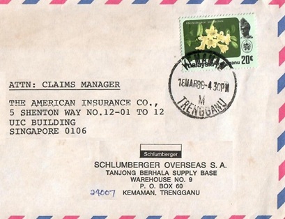 Composite image of 20c Regional definitive stamp on commercial letter to Singapore