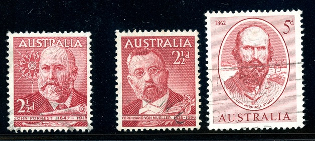 Stamps showing explorers Forrest, Mueller and Stuart